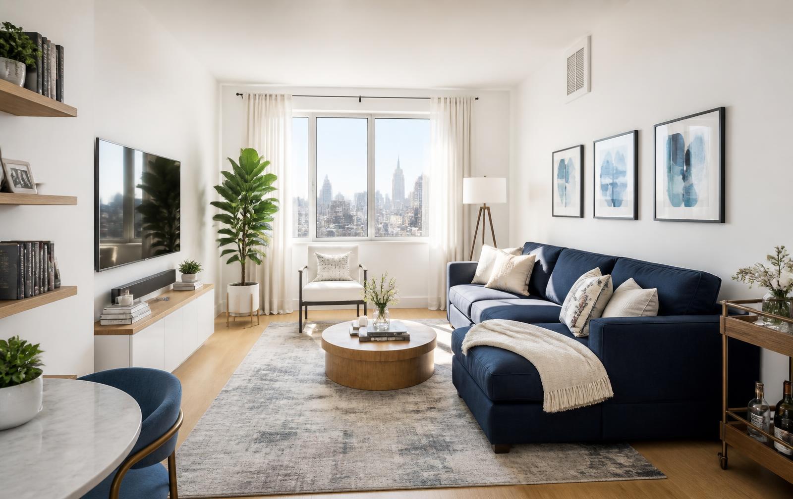 Elegant, freshly cleaned prewar New York living room with warm lamplight and bookshelves